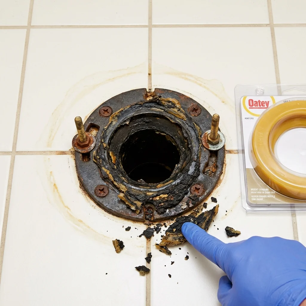 Failed wax ring showing water seepage at the base of a toilet in a Monterey, CA home