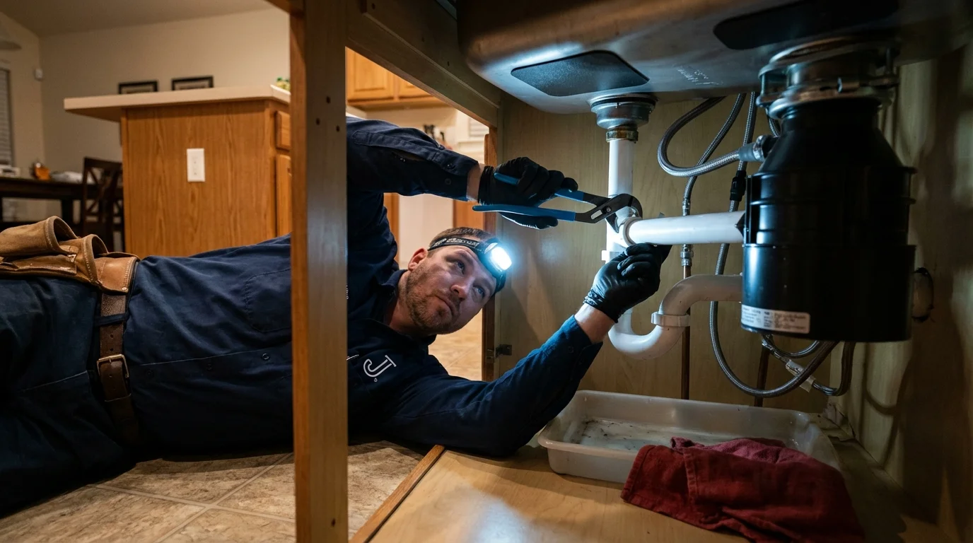 P-trap and supply line connections under a kitchen sink showing a common leak point in Monterey, CA